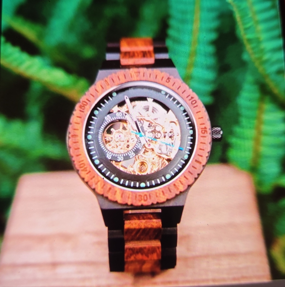 Black and Brown Skeleton Watch with Two-Tone Design
